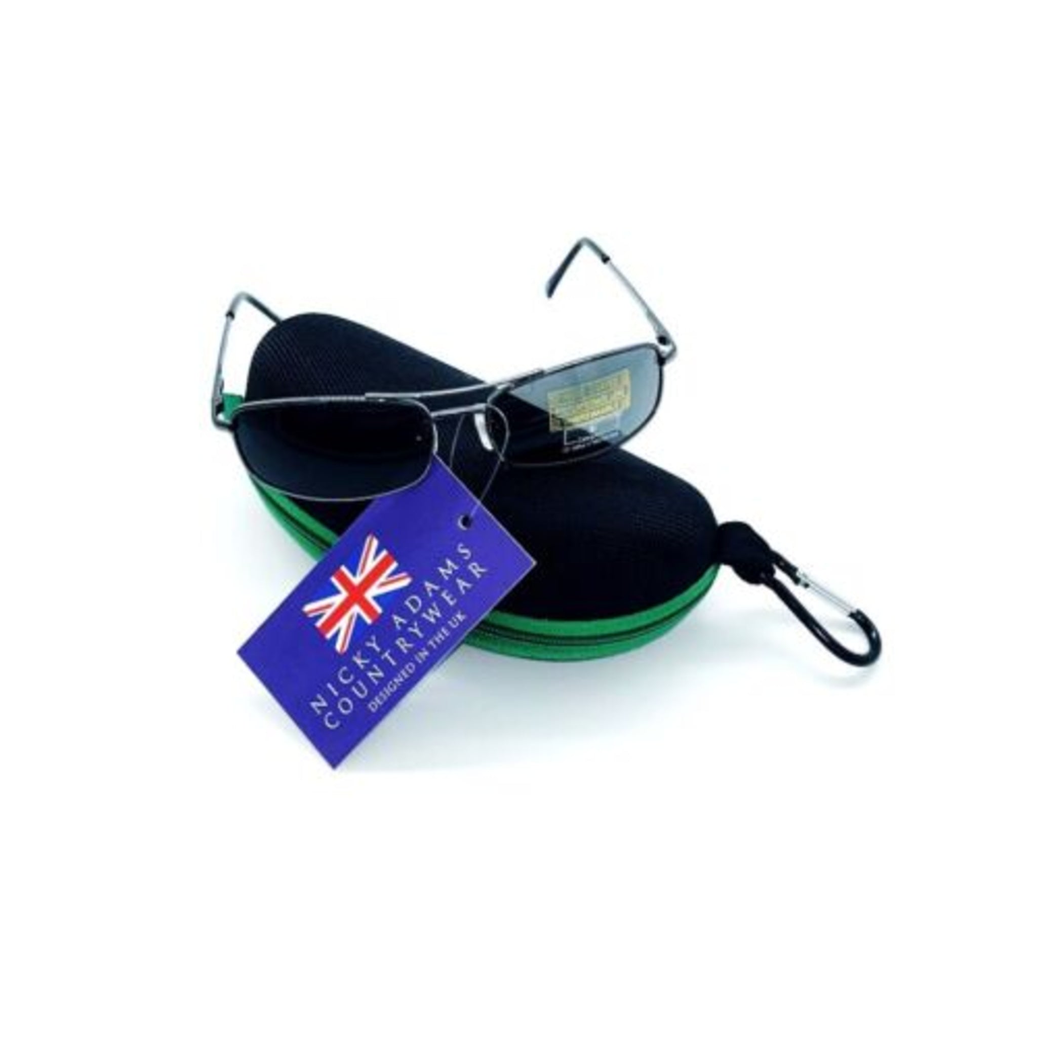 Men's rectangular metal frame sunglasses with black lenses including hard zip case by Nicky Adams Countrywear